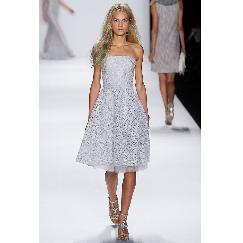 New $725 Silver Badgley Mischka Womens 12 Metallic Lace Strapless Designer Dress